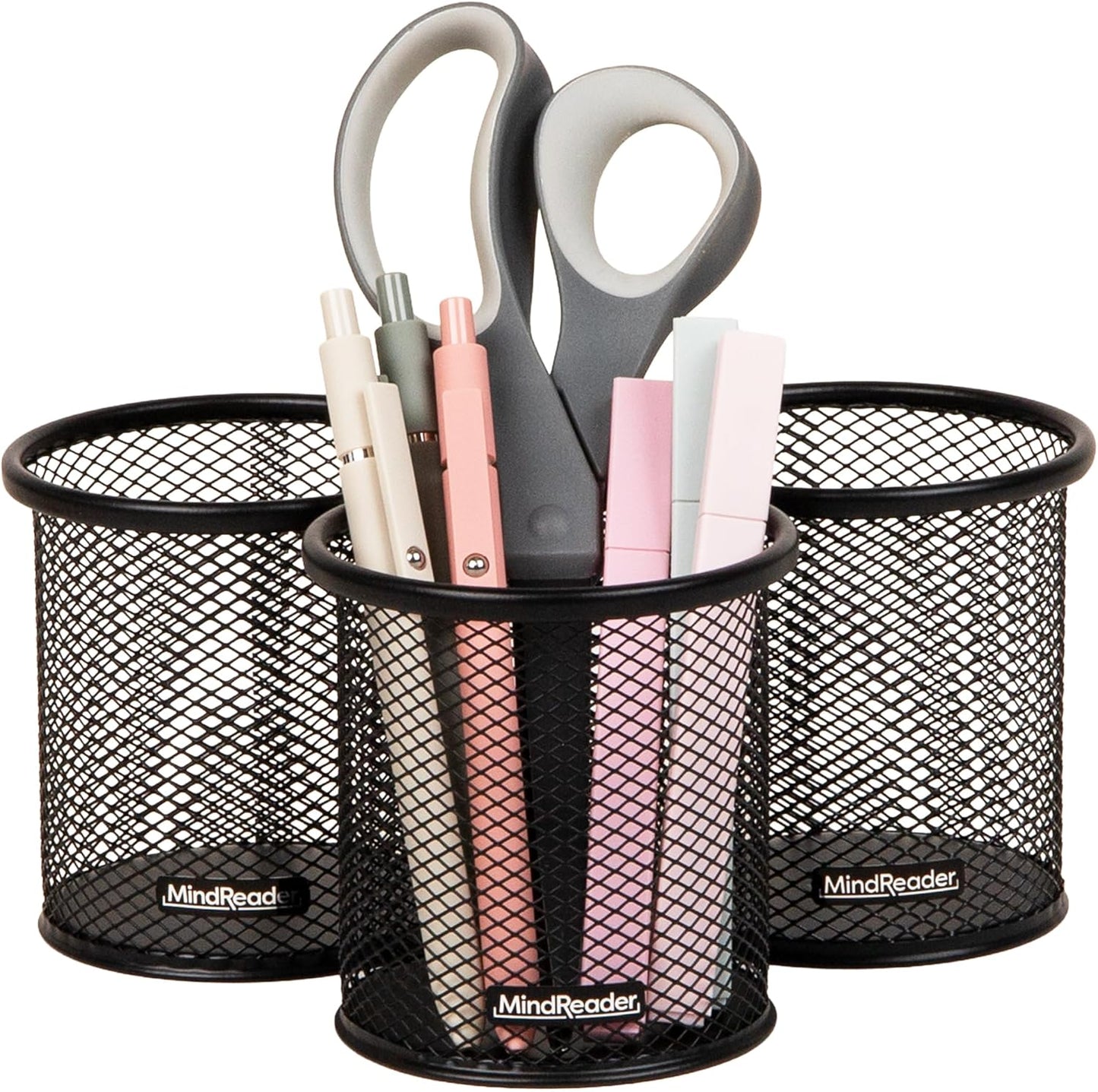 Mind Reader Pen and Accessories Holder, Desktop Organizer, Office, Metal Mesh, 3.5"L x 3.5"W x 3.75"H, Set of 3, Black