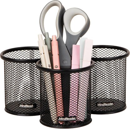 Mind Reader Pen and Accessories Holder, Desktop Organizer, Office, Metal Mesh, 3.5"L x 3.5"W x 3.75"H, Set of 3, Black