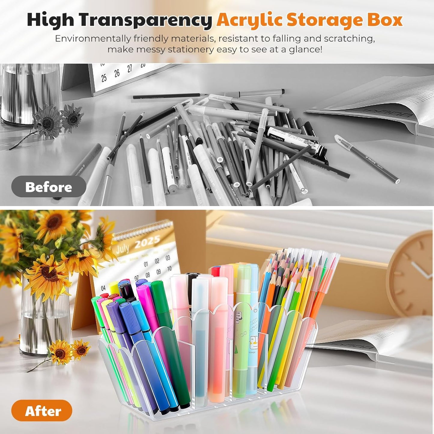 Scalloped Acrylic Pencil Holder – Clear Desk Organizer with 4 Compartments – Makeup Brush Holder & Remote Caddy for Office, Bathroom, Table – Party Accessory （4-Comp）