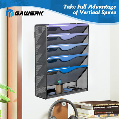 Gawerk 5 Tier Hanging Wall File Organizer, Mesh Mail Paper Orgnization Hanging File Folder Holder for Home Office, Black