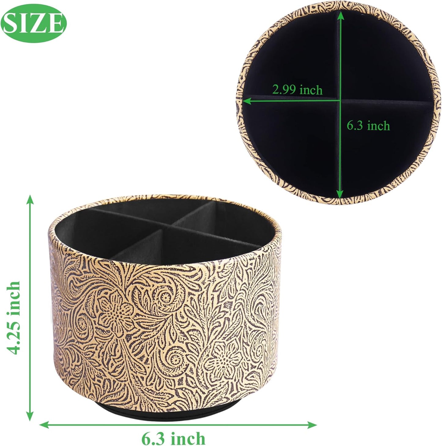 lizimandu Round Leather Art Supply Organizer,Remote Control Holder,360 Degree Spinning,Multi-Functional Pencil Holder,4 Compartments Desktop Stationary Organizer(1-Gold) - Colors B