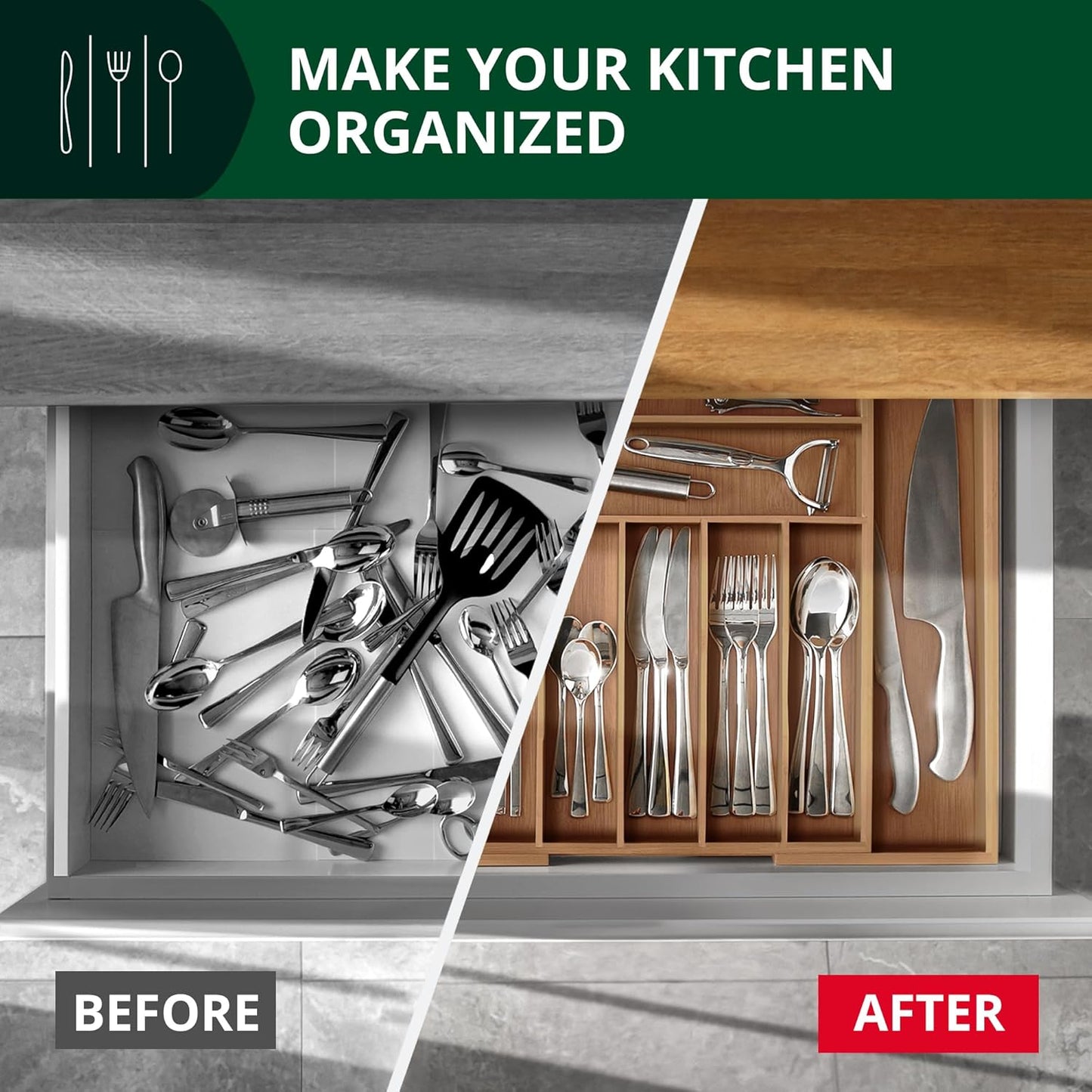 ROYAL CRAFT WOOD Luxury Bamboo Kitchen Drawer Organizer - Silverware Organizer, Utensil Holder & Cutlery Tray Drawer Dividers for Flatware (9 Slot, Natural)