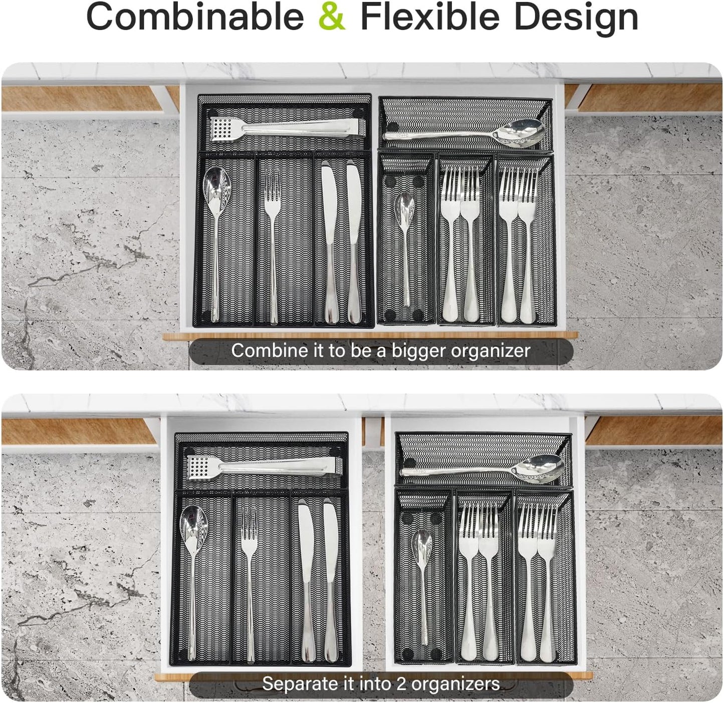 Neudeco Drawer Organizer Set 6 Pack - 5-Compartment Silverware Organizer Tray + 5 Utensil Trays, Kitchen Drawer Organizer for Flatware, Cutlery, Office Supplies, Black Mesh, Non-Slip.