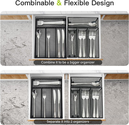 Neudeco Drawer Organizer Set 6 Pack - 5-Compartment Silverware Organizer Tray + 5 Utensil Trays, Kitchen Drawer Organizer for Flatware, Cutlery, Office Supplies, Black Mesh, Non-Slip.