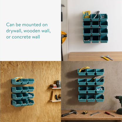Navaris Storage Bins - Interlocking Plastic Van Boxes - Wall Mounted Compartments for Screws Nails Small Tool Parts - Workshop Garage Drawer Shed Organiser - 12 Bins & 3 Rails