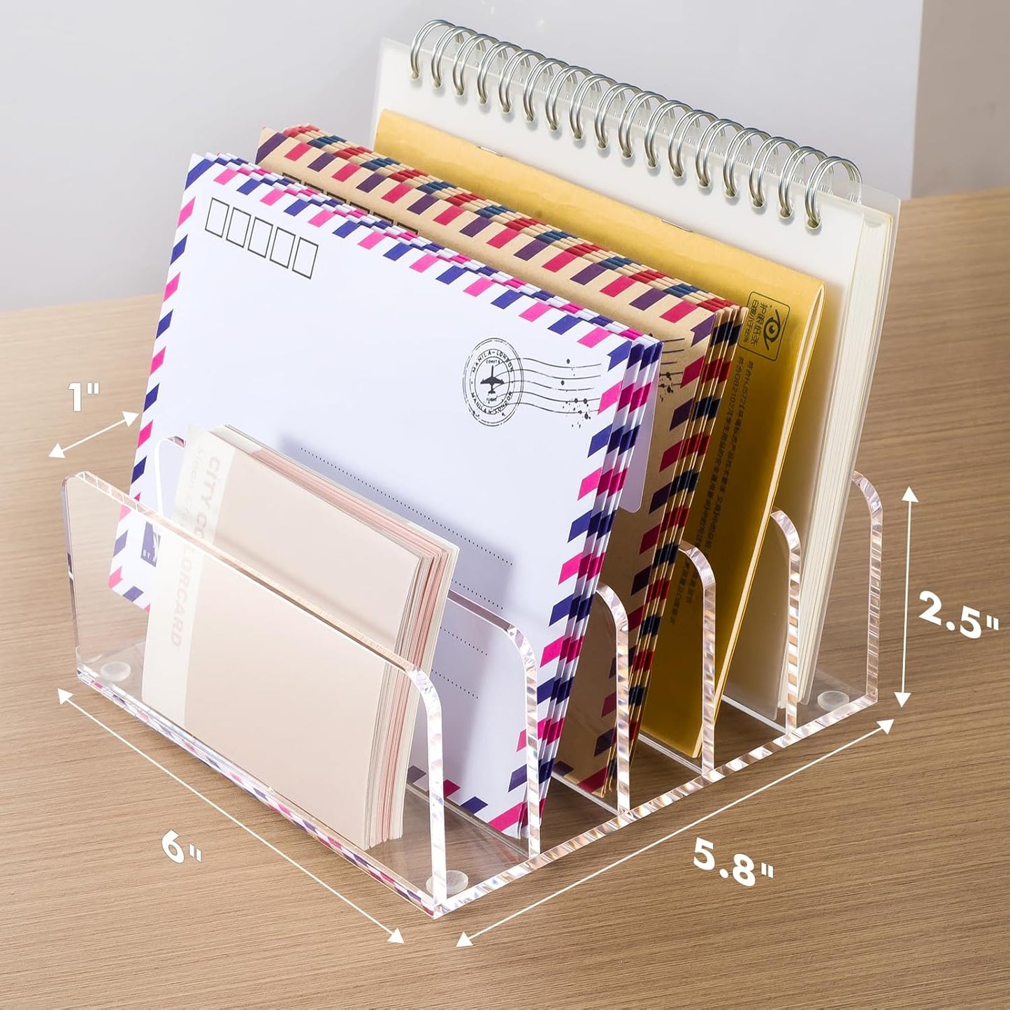 BEYGORM Acrylic Mail Holder, Clear Multifunction Desk Organizer with Divider, Vertical Letter Sorter for Desktop, 5 Compartments Modern Office Home Envelope Organizer for Bill, Document, Folder