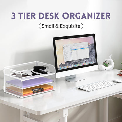 Supeasy 3 Tier Paper Organizer with Handle, Mesh Desk Organizer Letter Tray, Paper Tray File Organizer for A4 File Folder, Black