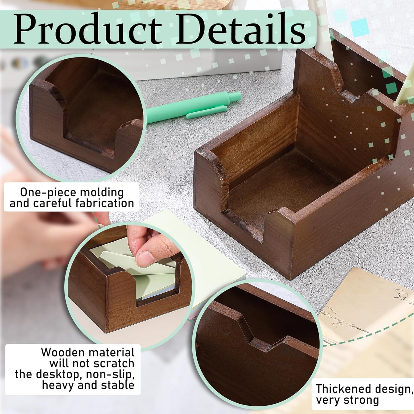 Crtiin 2 Sets Wood Sticky Note Holder, 2-in-1 Pen and Sticky Note Dispenser with 200 Sheets 3x3 Inches Sticky-Notes, Walnut Color Pen Holder for Office Home School Dorm Room Desk Organizer
