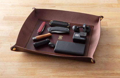 USA Handmade Premium Leather Valet Tray, Folds Flat! Dice Rolling Basket and Organizer with Brass Snaps - Reinforced Base - for Keys, Jewelry, Coin, EDC, Watch Storage Caddy - Black XLarge