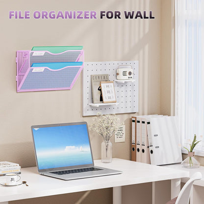Marbrasse Wall File Holder 2-Tier Hanging Wall File Organizer, Mesh Mail Holder for Papers, Wall Mount File Clipboard & Magazine Organizer Great for Office Home (Black)