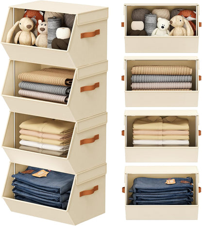 Stackable Closet Organizers and Storage Bins, Open Front Closet Shelf Organizer System With Steel Frame, Clothes Storage Basket Fabric, Collapsible Closet Drawers for Wardrobe, Nursery ,Toy, 4 Pack