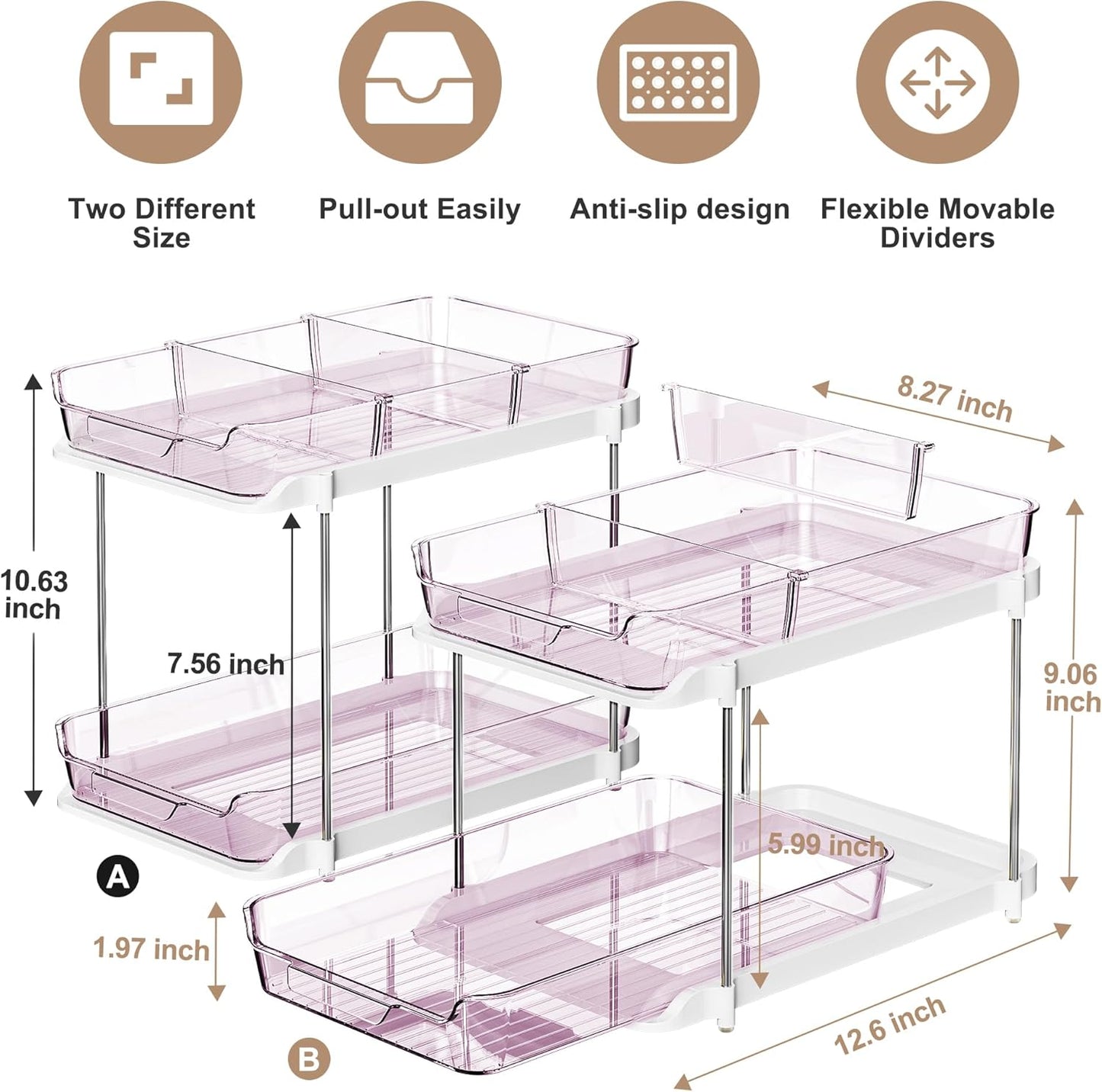 Delamu 2-Tier Multi-Purpose Bathroom Under Sink Organizers and Storage, Stackable Kitchen Pantry Organization, Pull Out Medicine Cabinet Organizer with Movable Dividers, White, 2 Pack
