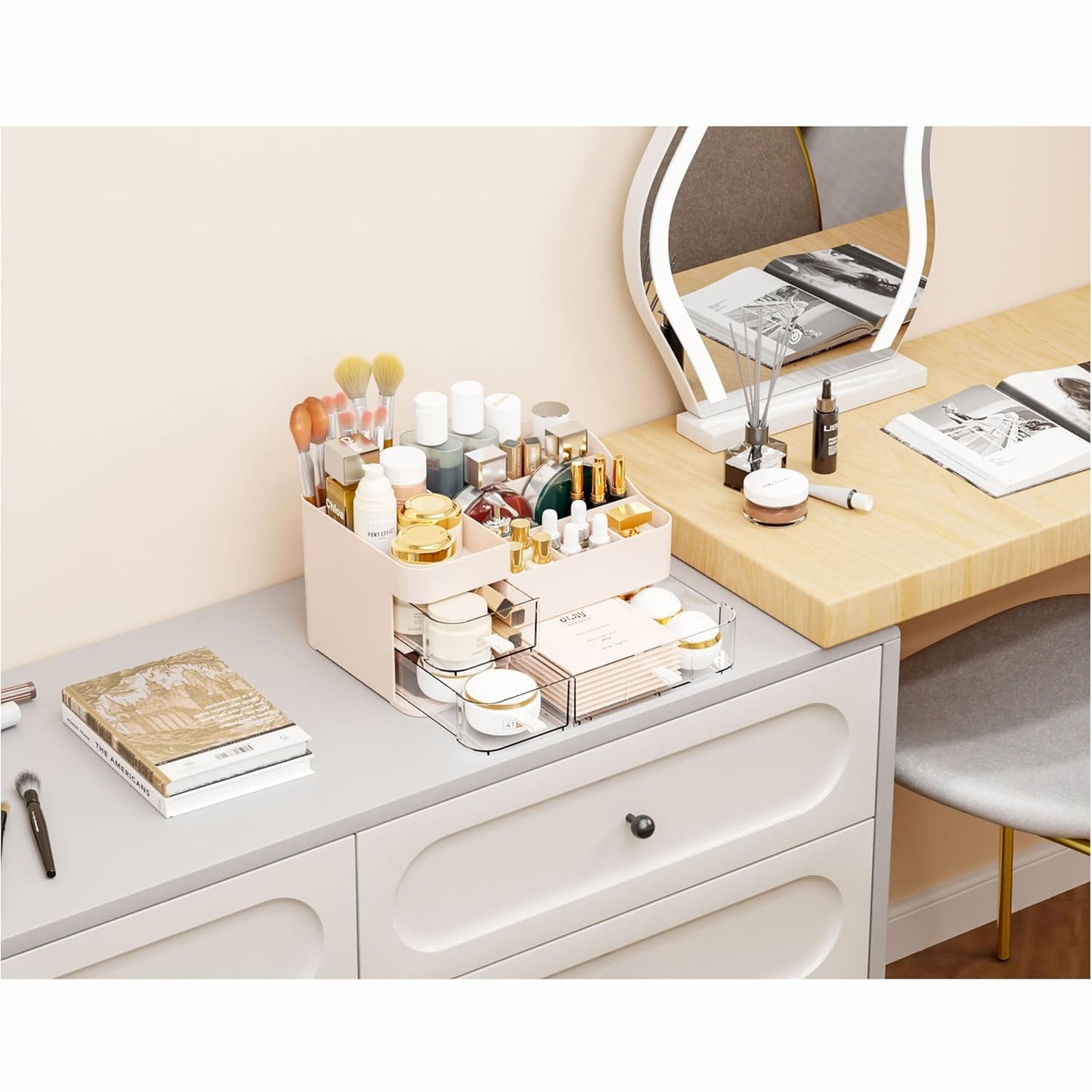 White Makeup Organizer With Drawers,Large Skincare Organizers for Countertop,Desk,Dresser,Plastic Bathroom Counter Organizer for Brush,Palettes,Perfume,Beauty Products Organization,Skin Care Storage
