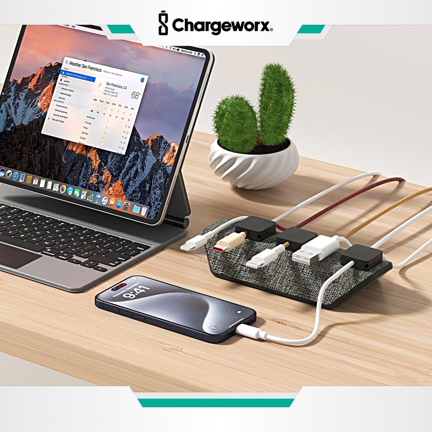 CHARGEWORX Magnetic Cable Organizer – Weighted Non-Adhesive Cord Holder with 3 Magnetic Clips for USB-C, Lightning & MagSafe Cables – Desk, Office & Nightstand Cable Management