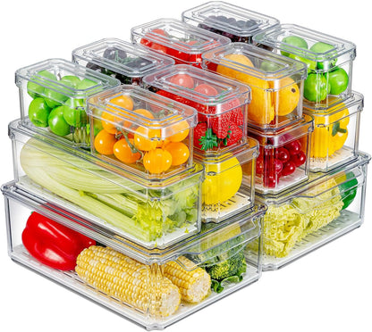 KUMD 10-Pack Clear Fridge Organizer Bins with Lids, Stackable Refrigerator Storage Containers, BPA-Free with Drain Tray & Anti-Slip Base for Fruits, Veggies, Drinks