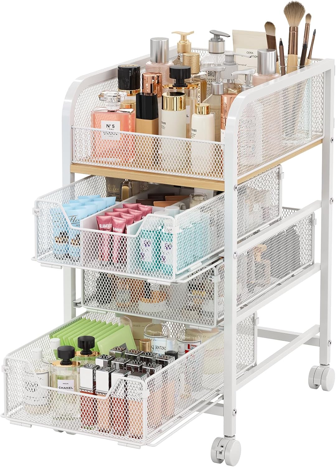 Hongtamoya Rolling Makeup Cart Organizer with 2 Drawers, Narrow Floor Skincare Organizers, Vanity Organizer Cosmetics Display Cases Holder for Skin Care Nail Polish Perfume Makeup Brush, White