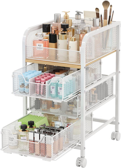 Hongtamoya Rolling Makeup Cart Organizer with 2 Drawers, Narrow Floor Skincare Organizers, Vanity Organizer Cosmetics Display Cases Holder for Skin Care Nail Polish Perfume Makeup Brush, White