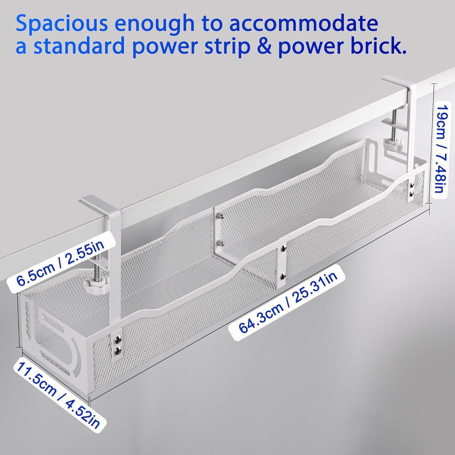 Under Desk Cable Management Box 25.3 Inch – Clamp-Mounted Cable Organizer Tray, Large Cord Management Box for Office & Home, Wire Organizer Under Desk Storage, White