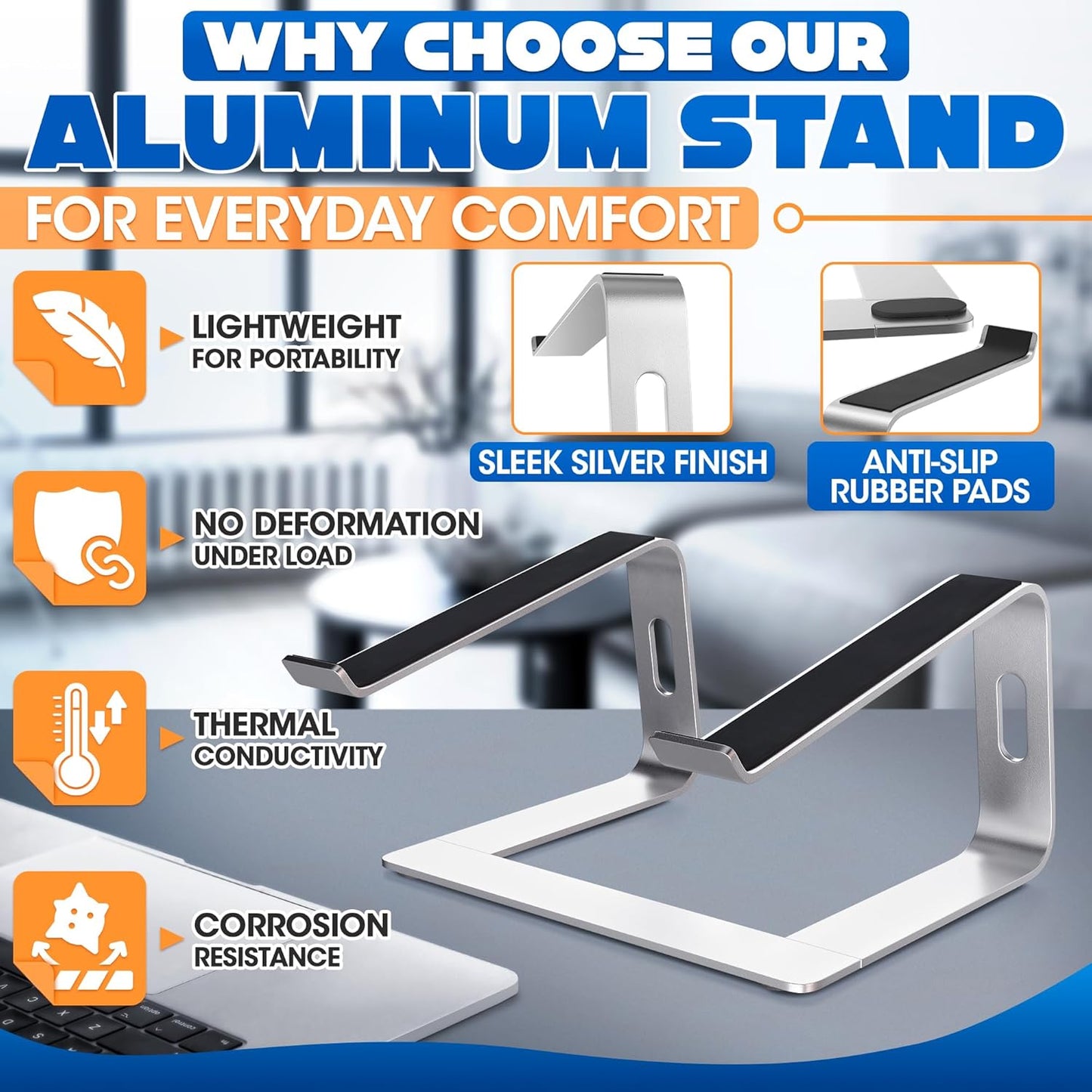 Portable Laptop Stand for Desk – Ergonomic, Sturdy Aluminium Laptop Riser for Desk with Anti-Slip Bottom, Compatible for 10-15.6′′ Notebook - Improved Cooling, Comfort, Productivity, and Posture