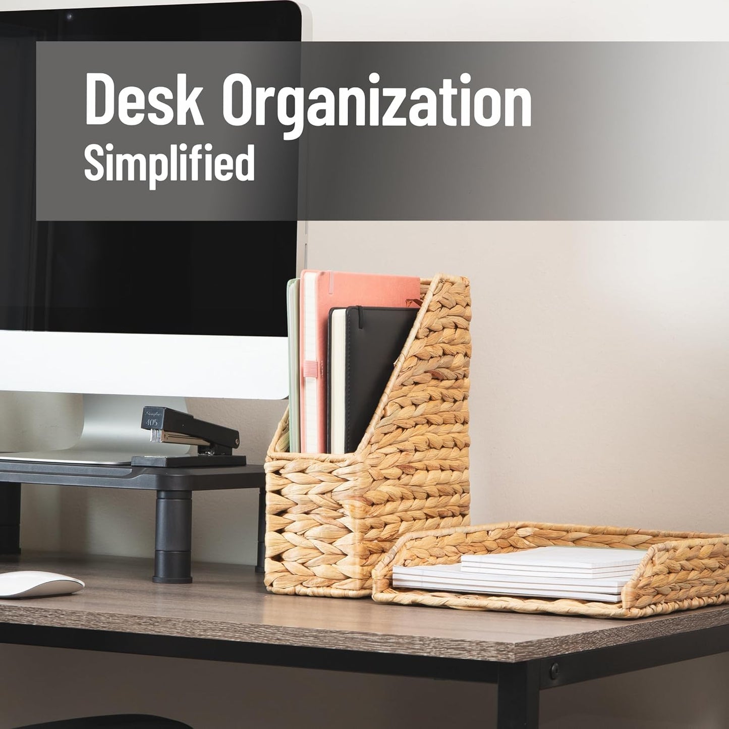 Mind Reader Rattan Vertical File Organizer with Iron Frame, Desktop Organizer, Holds Letter Size Documents, Brown