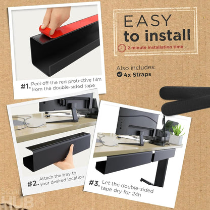 No-Screw Under Desk Cable Management Tray - Self-Adhesive Installation, Cord Management, Cable Tray, Under Desk Wire Organizer - White Set of 2