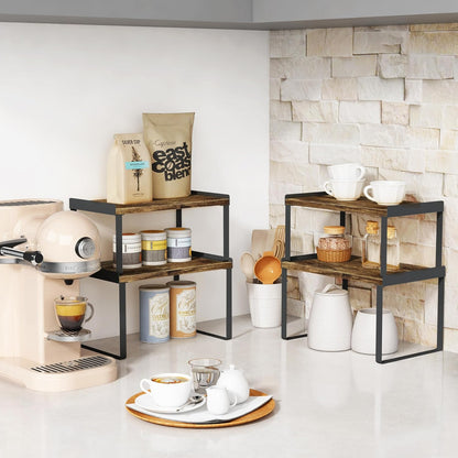 Goozii Kitchen Cabinet Organizer Shelf Set of 4, Large Stackable Pantry Cupboard Countertop Storage and Organizer, Desk Shelf Riser, Spice Plate Cup Expandable Storage Rack (Bamboo White)