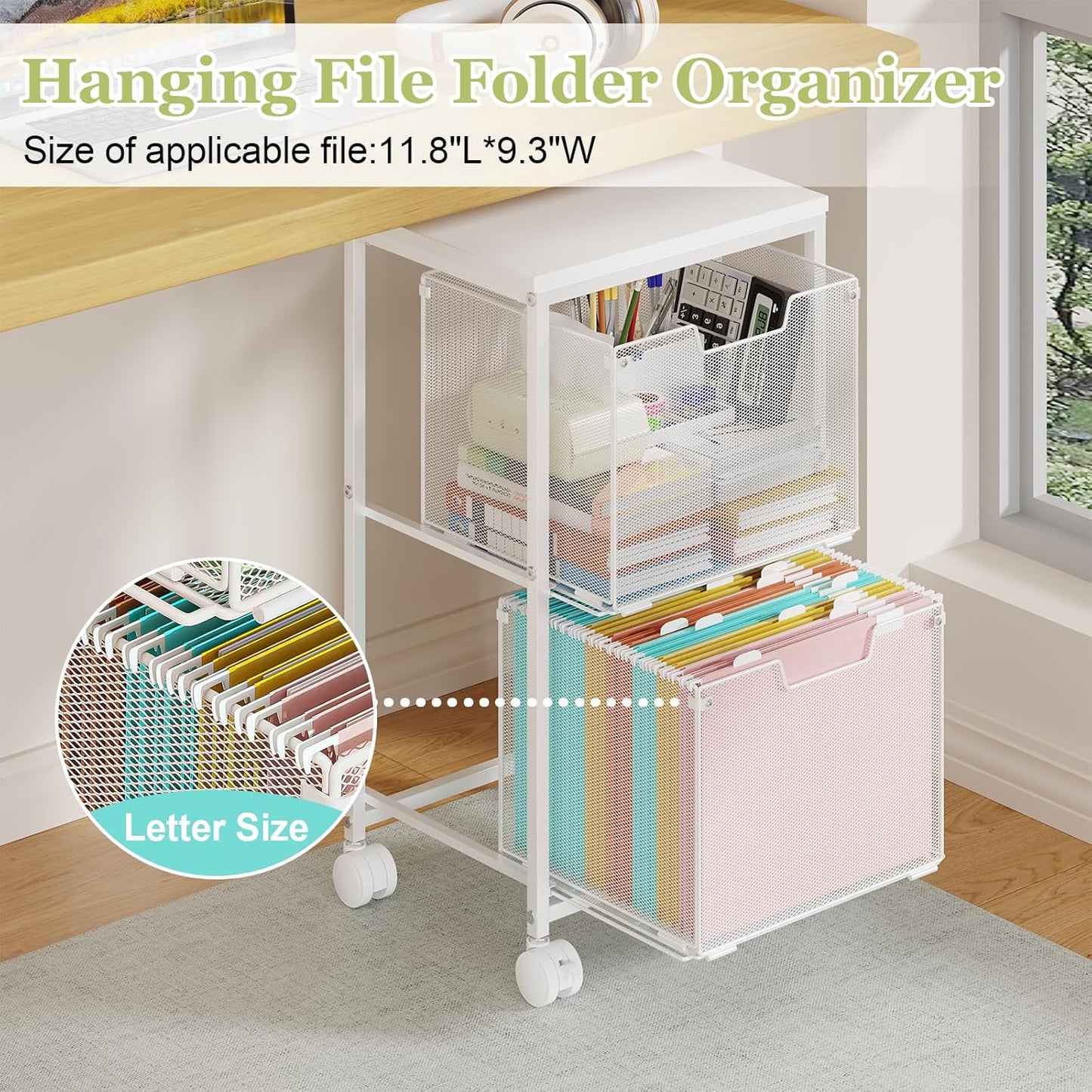 Sbanmao Rolling File Cart with 2 Storage Drawers, Mobile File Cabinet with Wheels, Hanging File Folder Organizer, Under Desk Storage, Printer Stand Utility Cart Filing Cabinet for Home Office,Black
