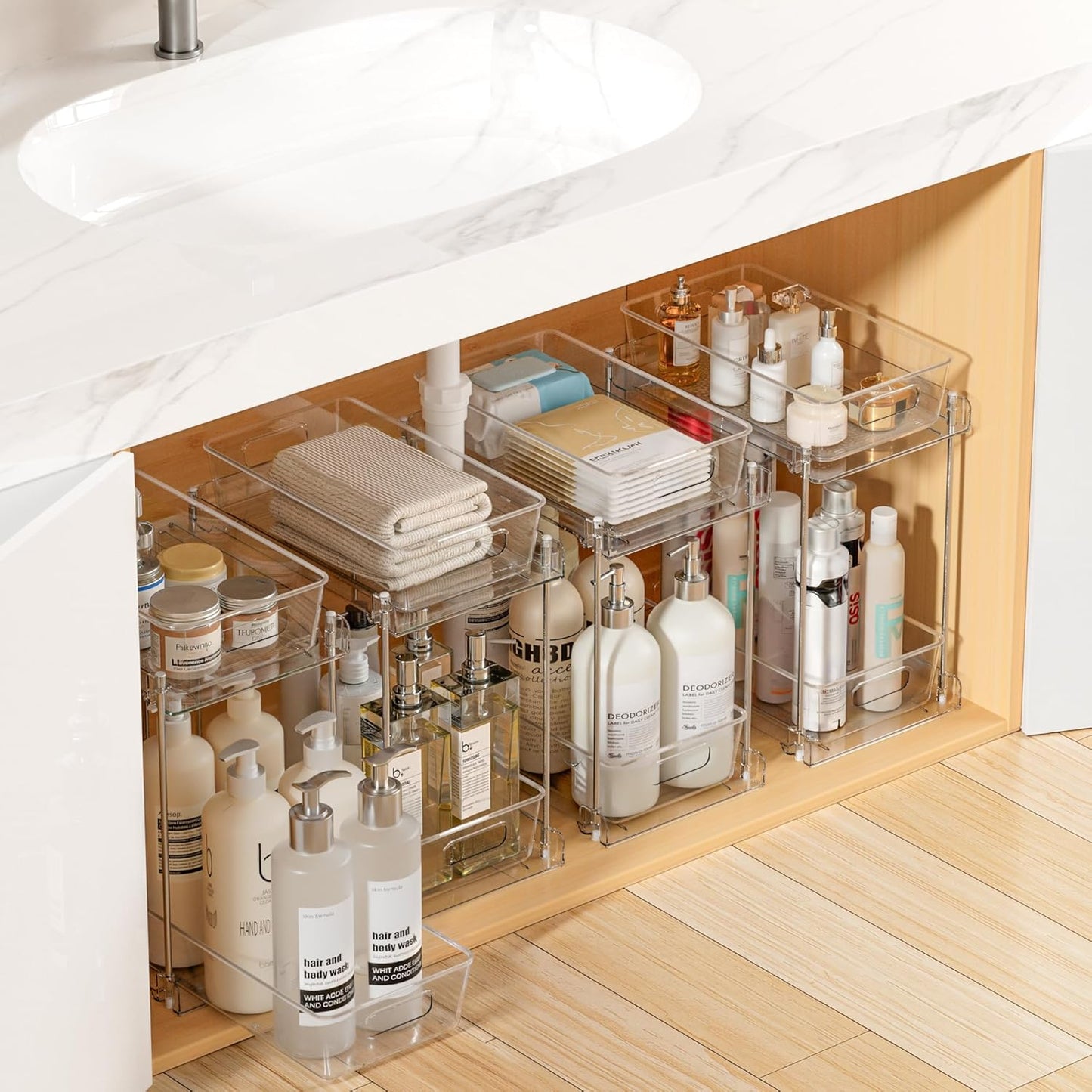 Vtopmart 4 Pack Bathroom Organizer, 2 Tier Clear Under Sink Organizers Vanity Countertop Storage Container,Cabinet Drawers Bins, Pull-Out Organization with Track for Pantry, Kitchen