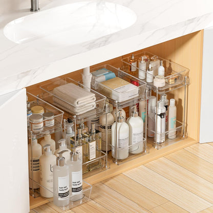 Vtopmart 4 Pack Bathroom Organizer, 2 Tier Clear Under Sink Organizers Vanity Countertop Storage Container,Cabinet Drawers Bins, Pull-Out Organization with Track for Pantry, Kitchen