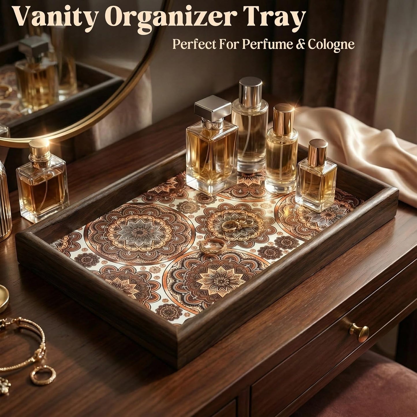 Zosenley Wooden Valet Tray with Leather Base - Nightstand Catchall Organizer for Cologne, Perfume, Keys, Wallet, Phone, Watch, Jewelry & Sunglasses (Black)