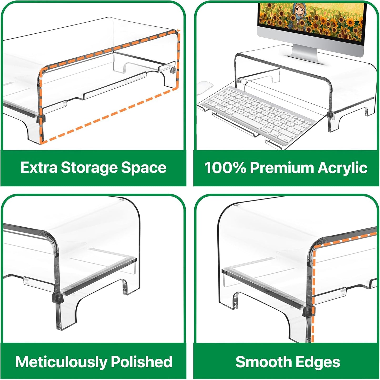 AMT Acrylic Laptop Monitor Stand & Computer Riser with Cat Keyboard Protector, Space-Saving Design, Extra Storage, Clear Shelf - Ideal for Monitors, Laptops, Printers, Desktop Decor