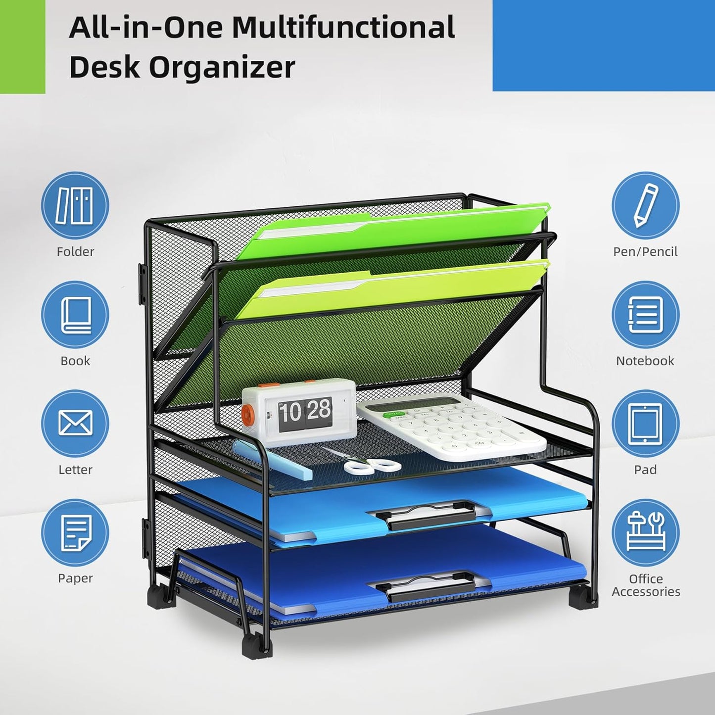 MINDEPOT 4-Tier Paper Organizer + 3-Pocket File Holder + Drawer + Pen Holders, Desktop File Organizers Paper Tray for Office Accessories School Classroom Organization (Black)