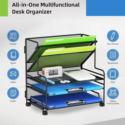 MINDEPOT 4-Tier Paper Organizer + 3-Pocket File Holder + Drawer + Pen Holders, Desktop File Organizers Paper Tray for Office Accessories School Classroom Organization (Black)