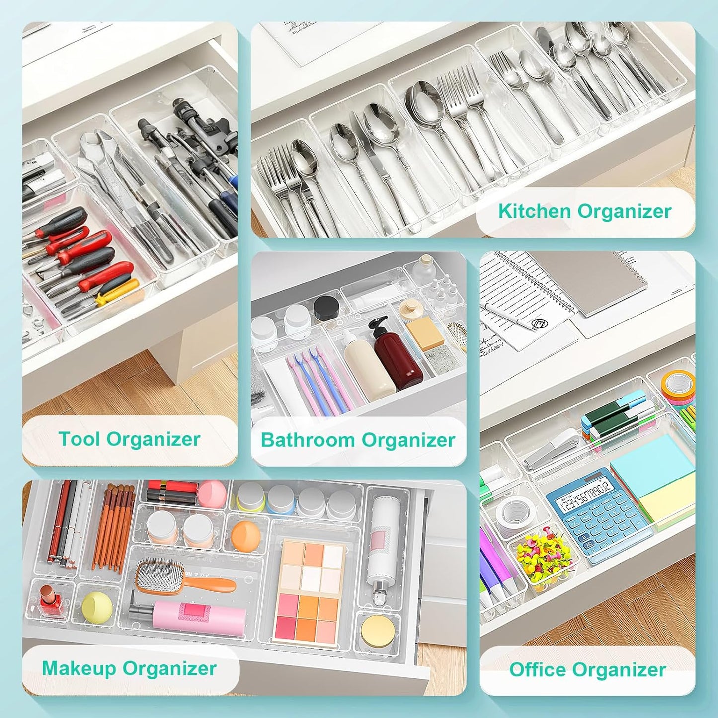 Clear Plastic Drawer Organizers Set of 45 Vanity trays Stackable Storage Bins Dividers Bathroom Organiser Storage Vanity Bins for Makeup, Kitchen Utensils, Jewelries, Office
