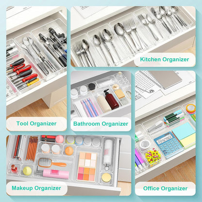 Clear Plastic Drawer Organizers Set of 45 Vanity trays Stackable Storage Bins Dividers Bathroom Organiser Storage Vanity Bins for Makeup, Kitchen Utensils, Jewelries, Office