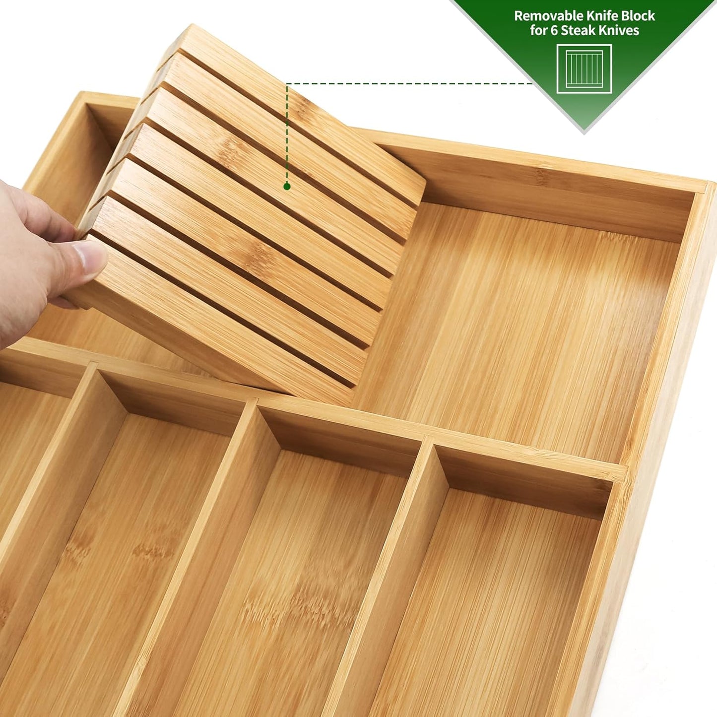 VaeFae Bamboo Silverware Drawer Organizer Kitchen, Expandable Utensil Organizer with Knife Block, Cutlery Tray with Divider, Multifunctional Drawer Organizer