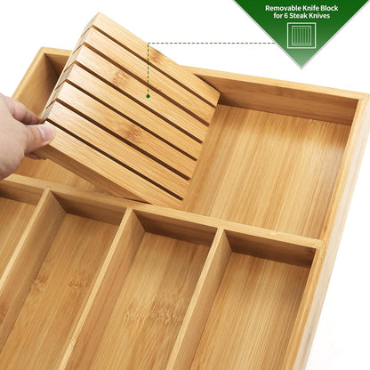 VaeFae Bamboo Silverware Drawer Organizer Kitchen, Expandable Utensil Organizer with Knife Block, Cutlery Tray with Divider, Multifunctional Drawer Organizer