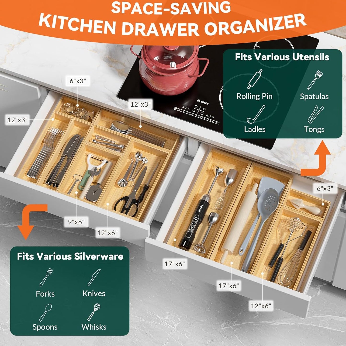 Lixple Bamboo Drawer Organizer, Cutlery Silverware Organizer for Kitchen Drawer, Stackable Utensil Organizer, 2 Pcs Flatware Organizer for Drawer, Wooden Storage Box Tray (Bamboo, 9 X 6 X 2 Inch)