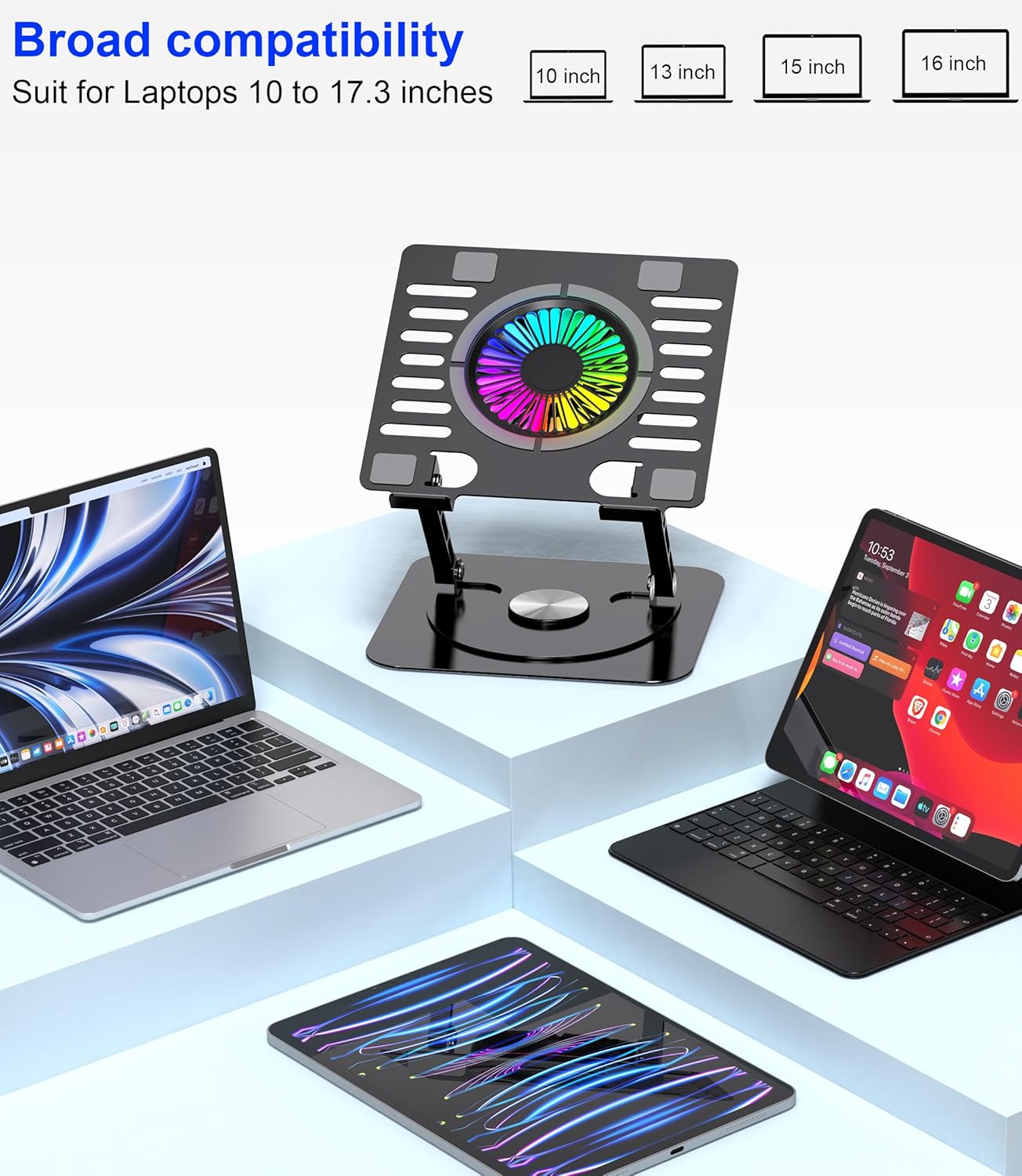 Laptop Stand,with 360°Rotating Base,External Cooling Fan,Adjustable RGB Lighting,Ergonomic Foldable Notebook Computer Holder.Compatible with All 10-17" Laptops Tablets,Silver