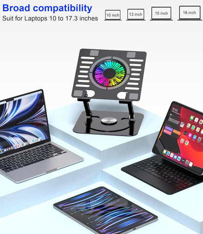Laptop Stand,with 360°Rotating Base,External Cooling Fan,Adjustable RGB Lighting,Ergonomic Foldable Notebook Computer Holder.Compatible with All 10-17" Laptops Tablets,Silver