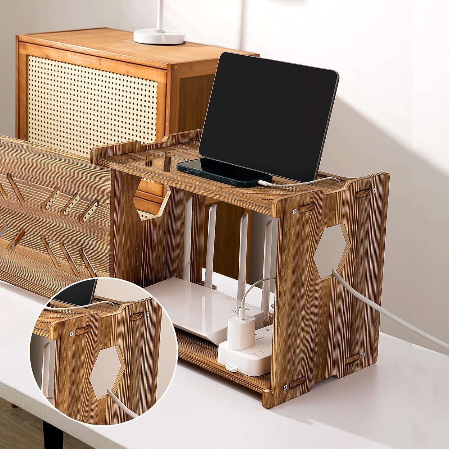 Solid Wood Projector Shelf Router Shelf Projector Stand Router Storage Box Router Cover Organized Modem Cable Power Strip Cable Management Hider Rack by Need Assembly (White)