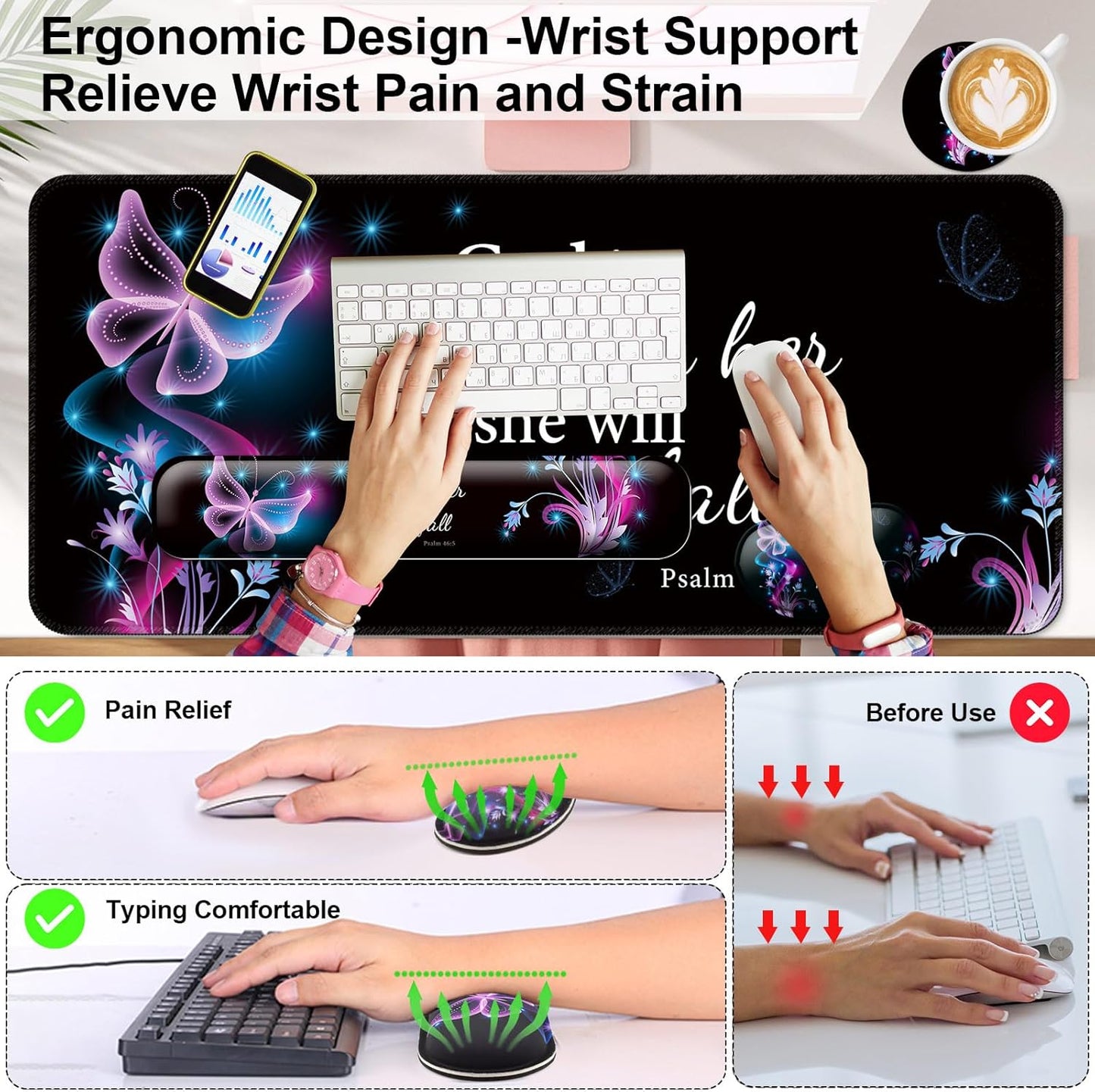 Keyboard Wrist Rest + Mouse Pad with Wrist Support + Desk Mat + Coaster 4 in 1 Set, XXL Large Gaming Mousepad Cute Ergonomic Mouse Pads for Desk Computer Laptop Office Decor-Beach