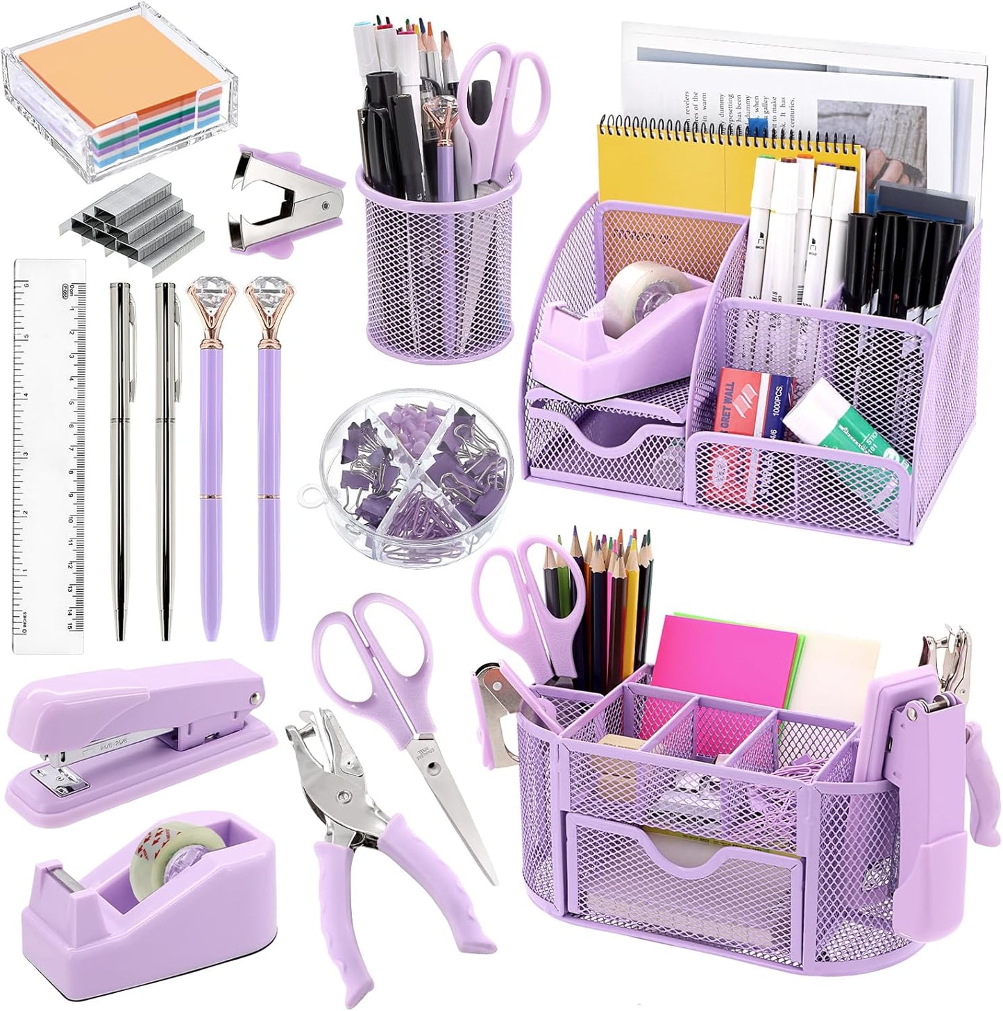 17 in1 Silvery Desk Organizers and Accessories Set, 3 Office Desk Supplies Storage Organization, 4 Pens, Stapler, Staples & Remover, Tape & Dispenser, Scissors, Ruler, Clips, Hole Punch Back to School