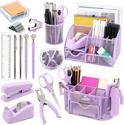 17 in1 Silvery Desk Organizers and Accessories Set, 3 Office Desk Supplies Storage Organization, 4 Pens, Stapler, Staples & Remover, Tape & Dispenser, Scissors, Ruler, Clips, Hole Punch Back to School