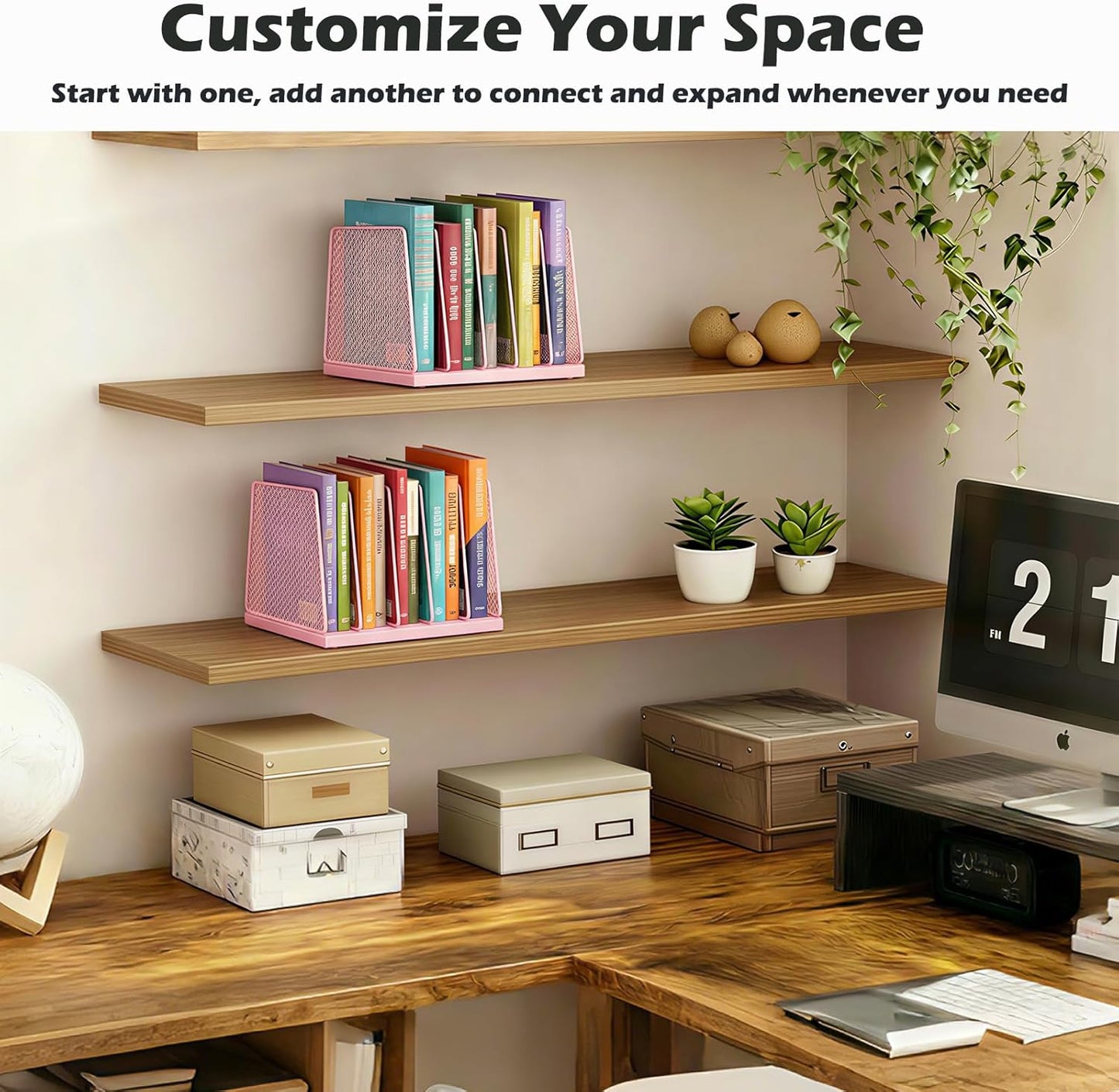 AUPSEN 5-Section Gold File Organizer for Desk, Wood Mesh Desktop File Organizer, File Sorter Storage Rack, Vertical Folder Holder for Files, Magazines, Books (Gold)