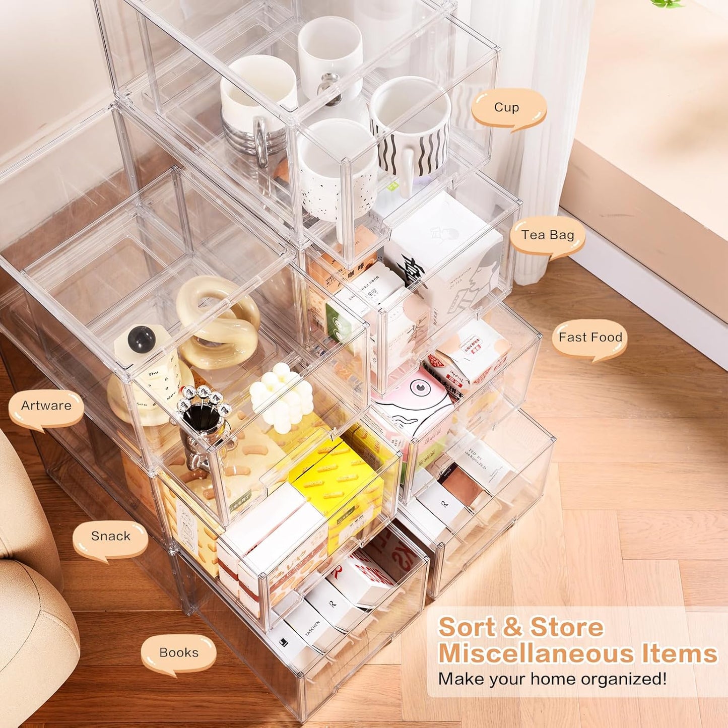 DILIBRA 2 Packs Large Stackable Storage Drawers, Plastic Clear Bathroom Make up Under Sink Drawer Organizers, Acrylic Bathroom Storage Bins for Cabinet Closet Office Kitchen Pantry Snacks Organization