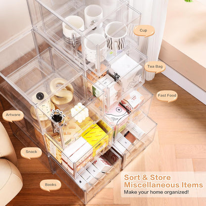 DILIBRA 2 Packs Large Stackable Storage Drawers, Plastic Clear Bathroom Make up Under Sink Drawer Organizers, Acrylic Bathroom Storage Bins for Cabinet Closet Office Kitchen Pantry Snacks Organization