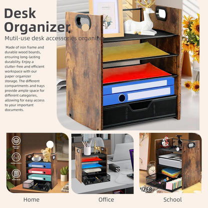 Wood Desk Organizer - 3-Tier Desktop File Organizer with Drawer, Wooden Paper Tray, Office Desk Organzier and Accessories for Papers, Mail, Notebooks, Stationery