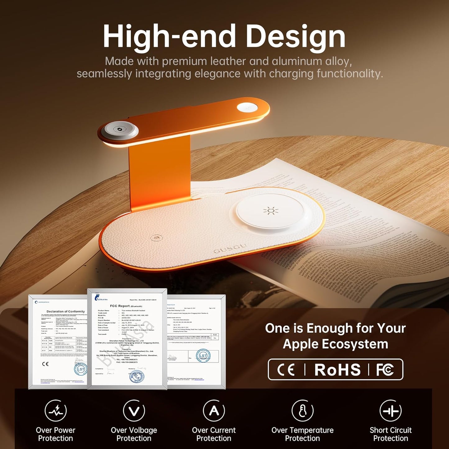 GUSGU 3 in 1 Charging Station for MagSafe Wireless Charger with Three-Level Night Light, 15W Max Fast Charging for iPhone Series/Samsung Galaxy Series, Apple/Samsung Watch Series, AirPods-Orange