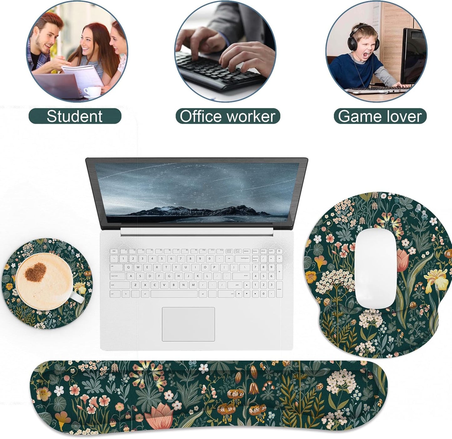 Ergonomic Mouse Pad with Wrist Rest and Keyboard Wrist Rest, Memory Foam Wrist Rest for Computer Keyboard, Easy Typing, Pain Relief, Mouse Pad Wrist Support for Gaming,Office, Laptop, Black Flower